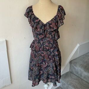 Senlis Multicolor Paisley Printed Aria Ruffle V-Neck Sleeveless Dress EUC Sz XS